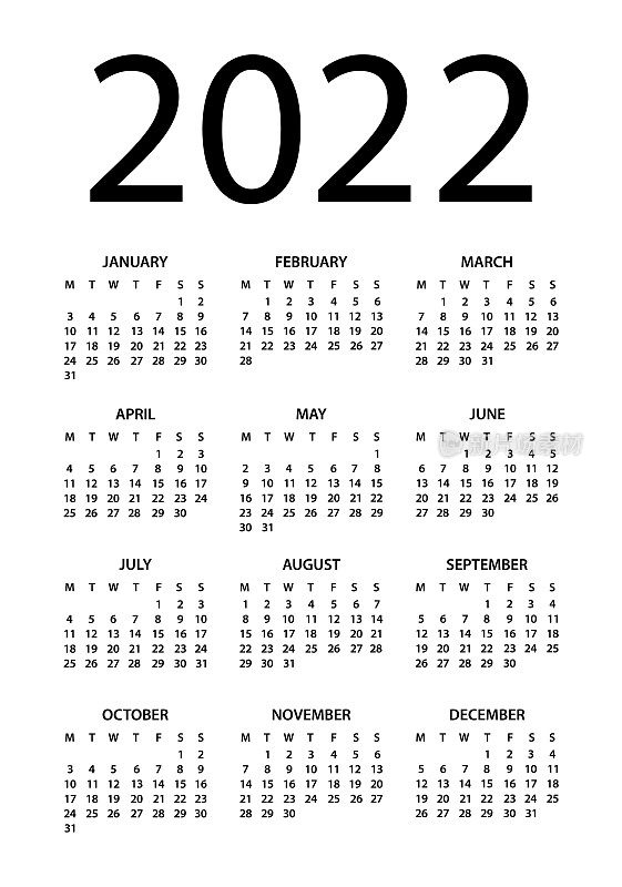 日历2022 -矢量插图。一周从周一开始